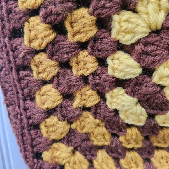 Vintage 1970's Handmade Brown & Yellow Crochet Purse with Leather Strap - Picture 3 of 16